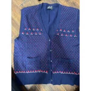 Vintage 80's 90's Floral Knit Cottage Sweater Vest Size XL Navy Button Up Granny